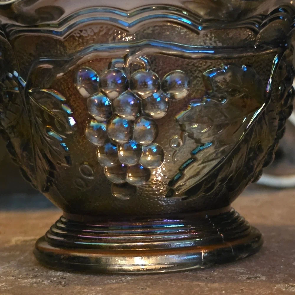 Imperial Carnival Glass Amethyst Grape and Cable Ruffled pedestal stippled bowl